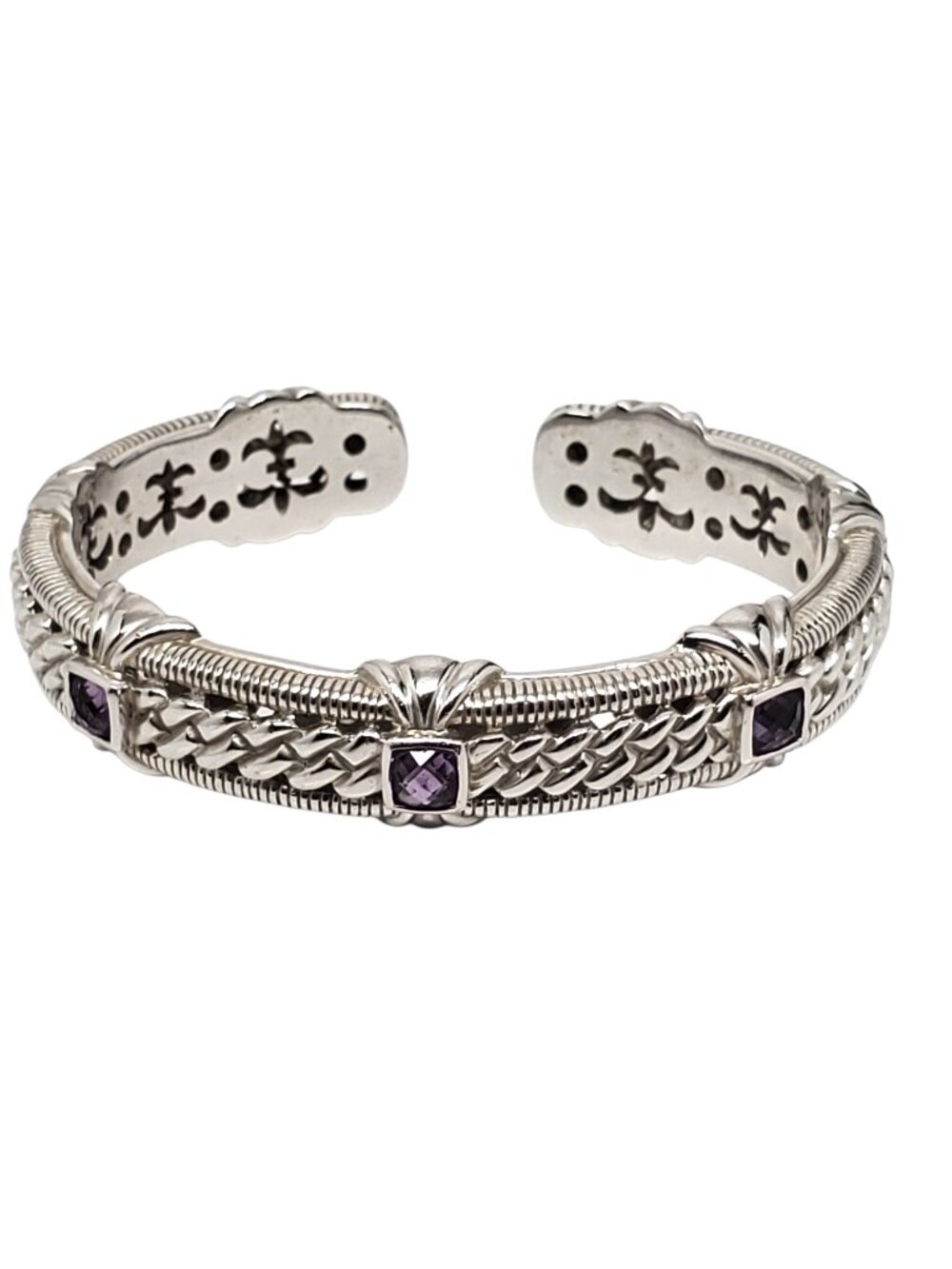 Judith Ripka Sterling Silver Amethyst Rope Hinged Cuff Bracelet #24101